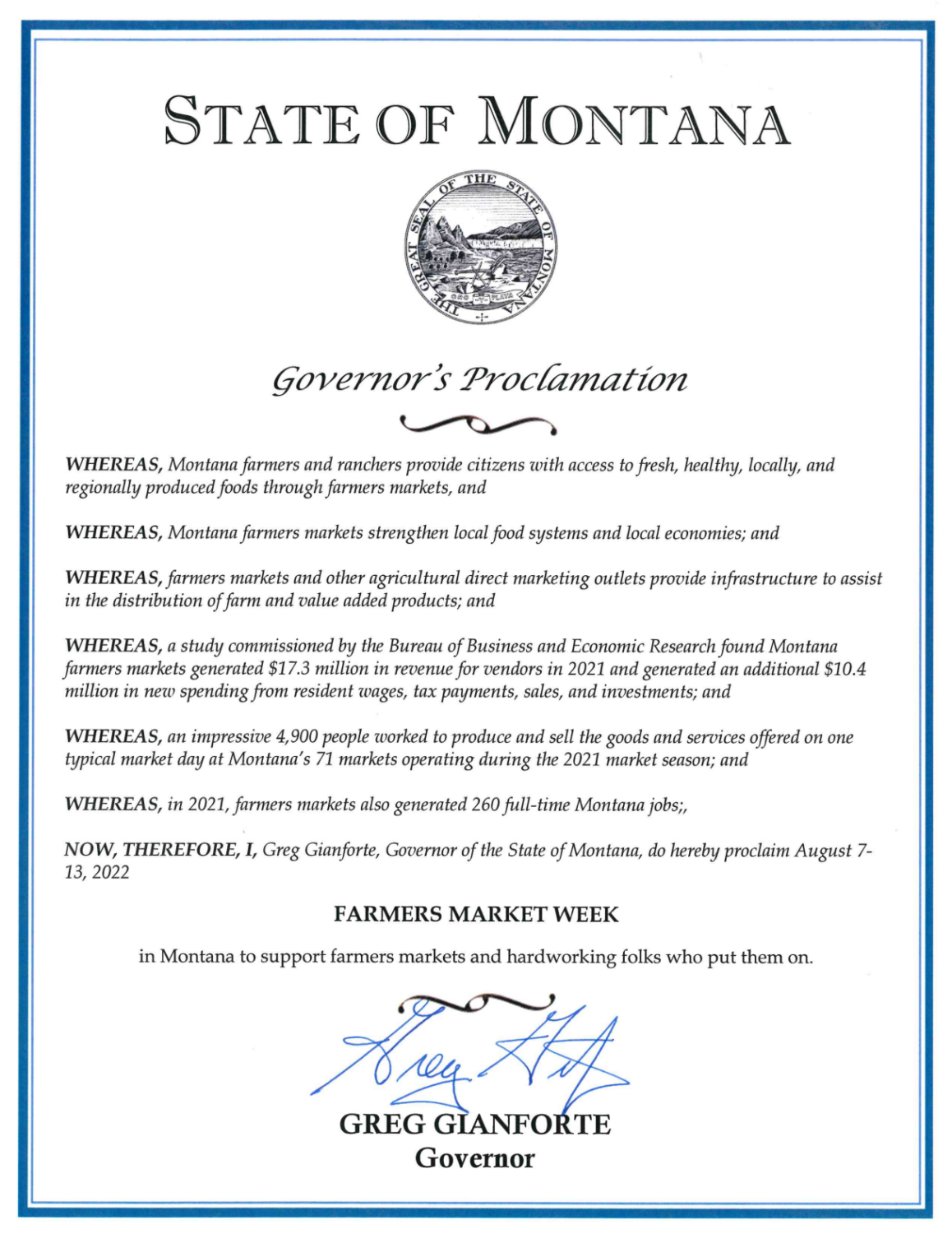 Gov. Gianforte's Proclamation of National Farmers Market Week 2022