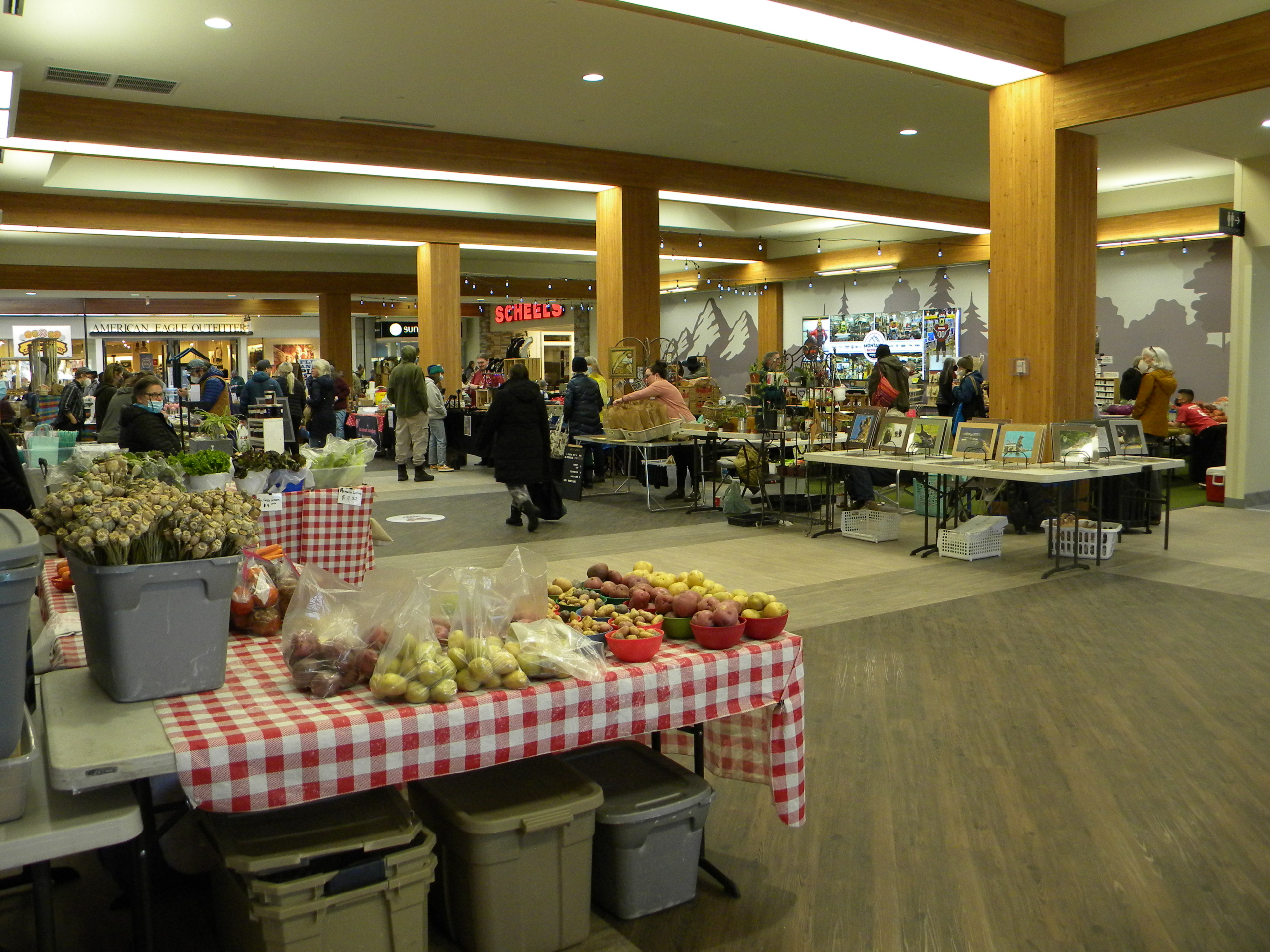 Farmers market tables set up inside South Gate Mall in Missoula, MT. 